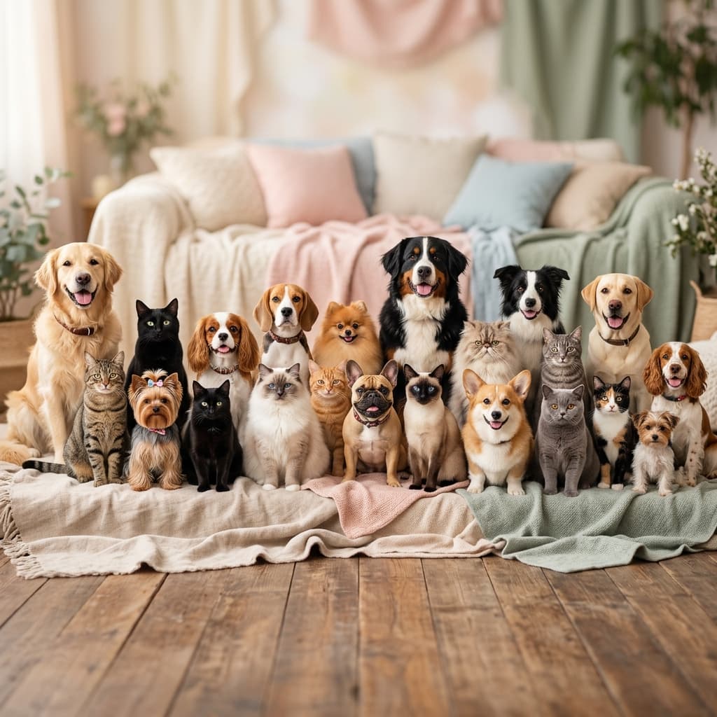 Group of happy dogs and cats